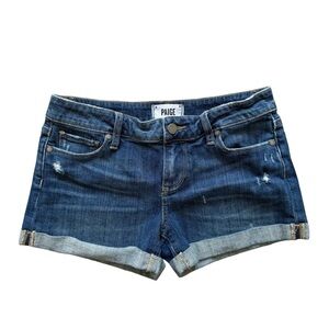 PAIGE Blue Jean Shorts with Distressed Cuffed Hem
